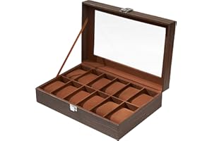 Ohuhu Caja Relojes con 12 Compartimentos, Caja para Relojes con Tapa de Cristal y Cojín ExtraíbleRegalo para Cumpleaños Día del Padre Navidad