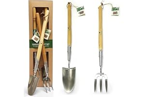 GREENMAN GARDEN TOOLS Garden Gift Set Long Handle Trowel & Fork Gift Set Stainless Steel Hand Tools Great gift for people with a back issues or the elderly