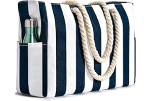 Becokan Sac de piscine pour femme – Imperméable à l'eau et au sable à grandes rayures avec fermeture éclair