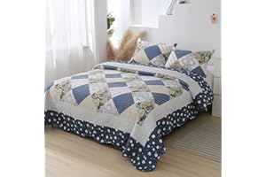 VIVILINEN 3-częściowy zestaw pościeli – narzuta na łóżko 220 x 240 cm + 2 poszewki na poduszkę 50 x 70 cm, patchworkowa, pikowana kołdra na łóżko podwójne (niebieska, 220 x 240 cm)