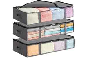 Lifewit 3 Piezas Bolsas de Almacenaje para Debajo de la Cama 90L, Cajas para Guardar Ropa con Ventana Transparente Frontal, Organizadore Armario para Toallas, Mantas, Gris