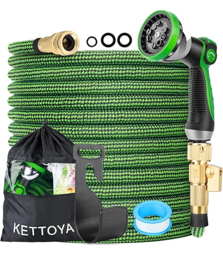 KETTOYA Uitbreidbare tuinslang, flexibele waterslang met sproeikop met 10 patronen, lekvrije intrekbare zware slangpijp, 4-laags latexkern, duurzame 3750D, mannelijke klepconnector, knikvrij