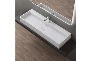 doporro Vasque à Poser Blanc Mat avec Bonde Lavabo de Salle de Bains Suspendu 120cm Lave Mains Rectangulaire avec Cache Bonde Colossum6028