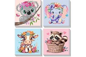 NAIMOER Framed Animals Paint by Numbers, 4Pack Animals Paint by Numbers Canvas for Kids Adults, Kids' Paint by Number Kits, DIY Acrylic Cartoon Oil Painting with Wooden Easel (8x8inch)