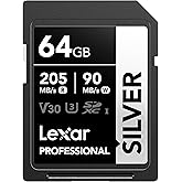 Lexar 64GB SD Card SILVER, fino a 205 MB/s in Lettura, Scheda di Memoria SDXC UHS-I, Classe 10, U3, V30, SD Card per Fotograf