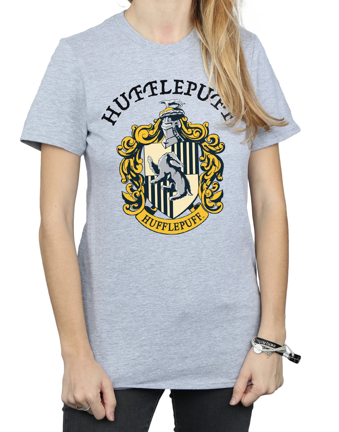 Absolute-Cult-Harry-Potter-Damen-Hufflepuff-Crest-Boyfriend-Fit-T-Shirt-Sport-Grau-Small