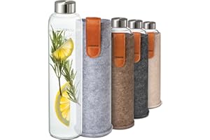 Cosumy Gourde verre avec Housse en Feutre 750ml - Compatible Lave-vaisselle - Étanche - Sans BPA - Convient pour Boissons Gazeuses - (Gris)