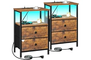 ‎AMHANCIBLE AMHANCIBLE Nachttisch 2er Set, Beistelltisch mit Ladestation und LED-Leuchten, Sofatisch mit 2 Stoffschubladen, Nachtschrank aus Holz mit offenem Regal für Schlafzimmer, Wohnzimmer, Braun EHETS02BR