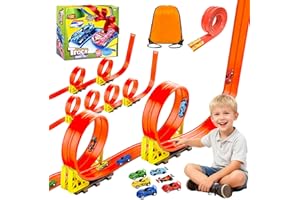 EKXXHVLS Circuit Voiture Enfant 5M, Piste de Course pour Voiture Double, Circuit Flexible Voies avec 6 Voiture, Piste de Voiture Enroulable avec Sac de Rangement Ventouse Cadeau pour Garçons Filles(Orange)