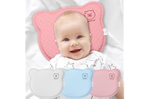 Coussin pour bébé contre la tête plate de BEARTOP | coussin de positionnement orthopédique | mousse à mémoire de forme | poussette | 2 housses | petit, rose