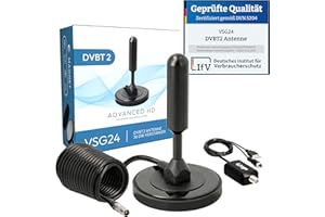 ‎VSG VSG24 DVBT2 Antenne mit Verstärker 36Dbi+ HDTV Zimmerantenne für Fernseher, max. Signalqualität durch ALU-Kern, 5m Kabel DVB-T2 Antenne Fernseher freenet tv innen außen