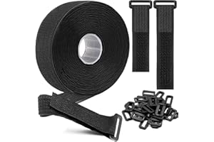 SLETIE 5m Hook and Loop Straps with 30 Buckles, Free Cut Length, Black Reusable Fastening Cable Ties, Hook and Loop Securing Strap for Cable Tidy, Wire Management, Cord Organiser, 5cm Wide, Black