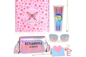 BSTcentelha Geschenke für Mädchen Teenager 9 10 11 12 13 14 15 16Jahre,Regenbogen Glitter Wasserflasche mit Stroh,Buchstaben Schlüsselanhänger,Crossbody Tasche,Personalisiertes Geschenkset für Mädchen