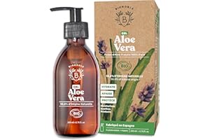 Bionoble Gel Aloe Vera Bio 100% Pur Aloe 200ml - Flacon Verre Recyclable + Pompe - Gel Aloe Vera Cheveux Bouclés, Hydratant Crème Aloe Vera Visage, Soin Coup de Soleil Corps - Aloe Vera Gel Bio