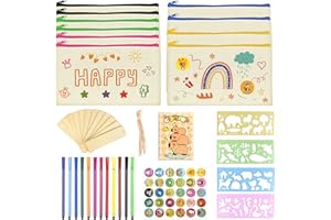 SIMSPEAR 10 Stück Leinwand Federmäppchen zum Bemalen, Basteln Kindergeburtstag mit 12 Buntstift, 12 Leeres Lesezeichen, 4 DIY Malschablonen, Mini-Notizblock für Kinder, 30 Aufkleber