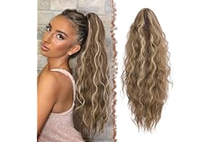 FESHFEN Coleta Postiza Pelo Natural con Pinza Cola Postiza Largo Ondulado Rizado Castaño Claro & Rubio Sintética Extensiones Coleta Postizos para Mujeres, 65 cm