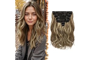 BARSDAR Clip en Extensiones de Cabello Highlight, 30cm Corta Ondulado Extensión de Pelo 6 Piezas para Mujeres Natural Sintética Clip en Postizos Cabello Extensiones - Medio Marrón & Rubio
