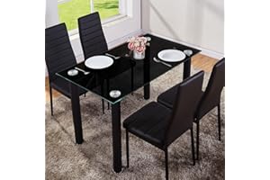GOLDFAN Black Glass Dining Table Modern Rectangle Kitchen Dining Table with Metal Legs for Dining Room Lounge Office (Only Table) [Energy Class A++]