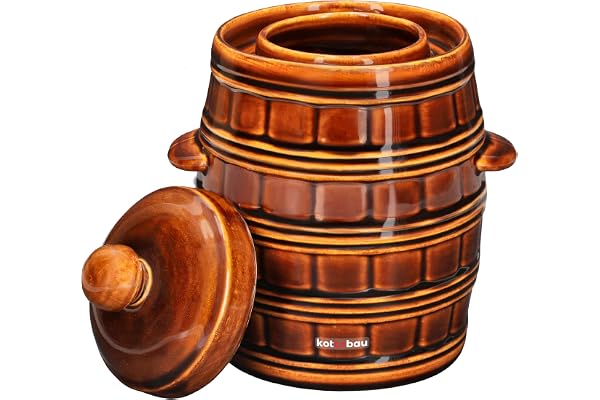 KOTARBAU® Fermenteringskruka 3,2 L, Jäskruka, Syrningskruka, Jäsningskruka | Fermenteringskärl, Surkålskruka, med Lock och Vattenränna, för Surkål, Gurkor och Kimchi, Stengods