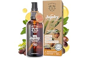 BIONOBLE Olej jojoba Bio | 100% czysty, naturalny i tłoczony na zimno | twarz, ciało, włosy, broda, paznokcie | wegański i nietestowany | olejek jojoba | butelka szklana + pipeta + pompa (100 ml)