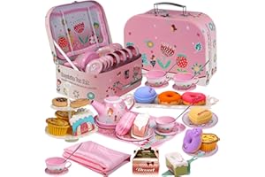 Gifts2U Teeservice Kinder 41PCS Tee Set inkl Zinn Teekanne,Dessert Spielzeug,Kekse,Donut,Kuchen,Tischdecke und Tragetasche,Küchenspiel für Kinder ab 3 4 5 6 Jahren