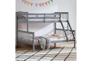 Vida Designs Milan Triple Bunk Bed, Three Sleeper, Solid Pine Wood Frame, Kids Children, Double 4 Foot 6, Single 3 Foot, Grey