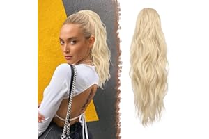 FESHFEN Coda Capelli Extension Ondulata, Lunga Coda di Cavallo Extension con Coulisse Ricci Posticci Sintetici Finta Capelli Biondo Platino Ponytail Extensions Per Donna, 45 cm