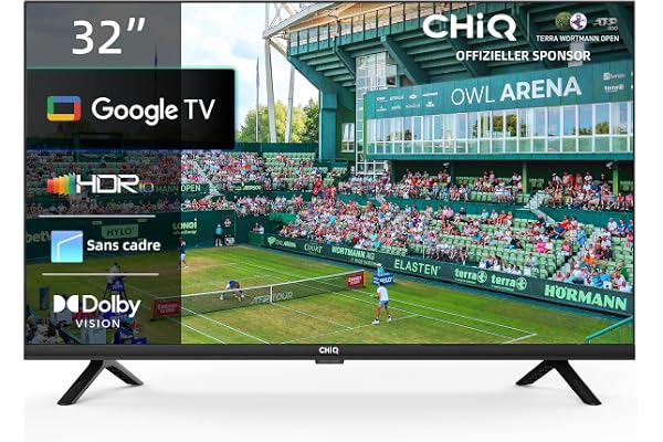 CHIQ Téléviseur 32 Pouces L32G7V, Google TV, HD, Conception sans Cadre, Google Assistant, Google Play, Chromecast intégré, Triple syntoniseur, Wi-FI 5G, Bluetooth, HDMI Arc, USB2.0,