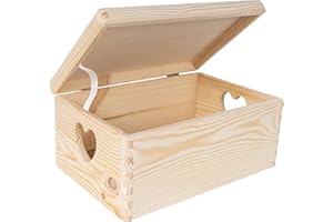 Creative Deco Duże Drewniane Pudełko z Pokrywą do Dekoracji | 30 x 20 x 13 cm (+/- 1cm) | z Uchwytami w Kształcie Serca | Niemalowana Skrzynia z Drewna na Zabawki, Narzędzia | SUROWE i NIEOSZLIFOWANE