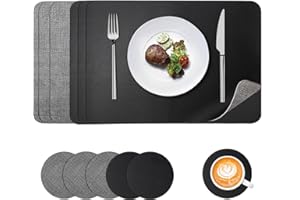 APLKER Placemats and Coaster Sets 6, PU Dual-Sided Washable Place Mat Non-Slip Dining Table Mats and Coasters Set of 6 for Kitchen Dinning Restaurant, Greyblack