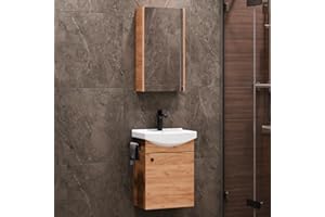 Planetmöbel Badmöbel Set Waschtisch mit Unterschrank 45 x 60 x 33 cm mit Spiegelschrank 40 cm für Badezimmer, Gäste WC & Bad, Gold Eiche