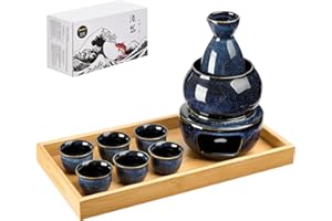 DUJUST 10 tlg. Japanisches Sake Set für 6 Personen, Ofengealterte Glasur Porzellan Sake Set, 6 Tassen, 1 Flasche, 1 Wärmer, 1 Kerzenständer, 1 Tablett & 1 Box, Warme Karaffe - Dunkelblau