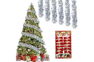 MOIUGULI Lametta Girlande Weihnachtsgirlande, 6 Stück x 2M Lametta Weihnachtsbaum und 12 Schleifen, Metallic Garland Glitzernde Tannengirlande Dekoration Für Weihnachten, Hochzeiten, Urlaubsfeiern Dekoration