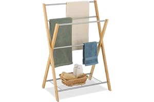 Relaxdays Portasciugamani a 4 Bracci, Ripiano Porta Asciugamani, Piantana da Bagno in Ferro e bambù, Naturale Argentato