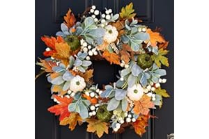 MEIRUIER Ghirlanda di zucche artificiali, 45 cm, corona di foglie d'acero, corona con foglie d'acero, zucca, bacche colorate per Halloween, giorno del Ringraziamento, Natale, decorazione da parete