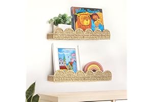 AELS Scalloped Nursery Bookshelf, Set of 2, Picture Ledge Shelf for Wall Decor, Woven Straw Paper Floating Shelves for Books, Toys, Photo Frames, Nursery, Boho Modern Farmhouse Book Shelf, Beige