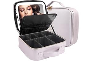 MOMIRA Reise-Makeup Tasche Kosmetiktasche mit beleuchtetem Spiegel, Einstellbarer Helligkeit in 3 Farbszenarien, Geschenk für Frauen - Violett Grau