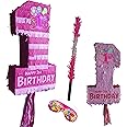 Boogie Woogie Pink Number One Pinata with Stick for Birthday or Easter, Cardboard & Paper Material