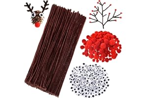 YY-JUNYING 900 Pcs Brown Pipe Cleaners,Christmas Reindeer DIY Craft Set,Including 350 Pcs Red Pom Poms, 350 Pcs Googly Eyes Self Adhesive,200Pieces Brown Pipe Cleaners Chenille Stems
