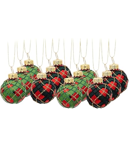 Boules De Noël En Tartan Vert & Rouge - Lot De 12, 8 Cm, Incassables, Avec Ficelle De Suspension - 6