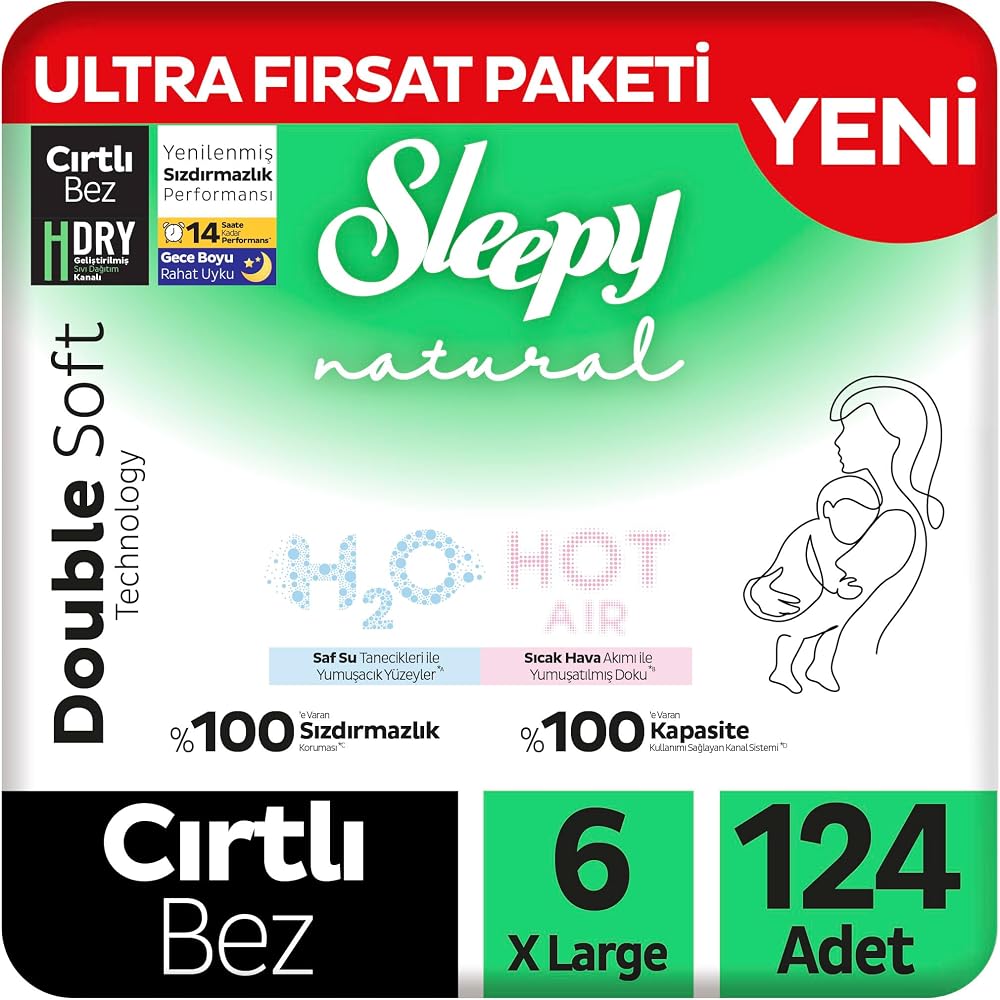 Sleepy Natural Double Soft Ultra Fırsat Paketi Bebek Bezi 6 Numara Xlarge 124 Adet