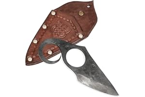 Madhammers Coltello medievale a due dita forgiato a mano in acciaio per molle sul collo e custodia in vera pelle di colore marrone, per gli amanti della storia e dell'arte