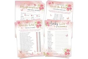 HOMANGA Baby Shower Games for Girl, 4 Fun Games for 25 Guests, Who Knows Mommy Best, Guess Who Mommy or Daddy, Word Scramble, Babies descriptions & Well Wishes, Pink Floral Baby Shower Decorations