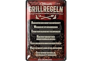 LANOLU Retro Blechschilder Grillen - GRILLREGELN SCHILD - BBQ Grill Retro Deko - Grillplatz Schild Garten - Geschenk für Papas Grillecke Schild - Schilder mit Sprüchen und Stanzung in 20x30 cm