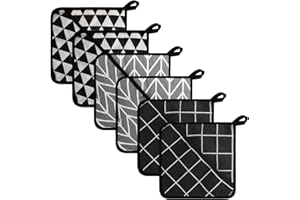 KQDRAVINE Set di presine resistenti al calore, 18 x 18 cm, 6 pezzi, lavabili, guanti da cucina, colore: nero e grigio