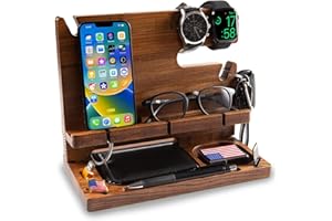 GRETA OTO GRETAOTO Station de Charge en Bois pour Téléphone, Tablette, Montre, Portefeuille, Accessoires, Support Rangement Bureau, Organisateur de Bureau, Table de Nuit, Cadeaux Hommes (Marron)