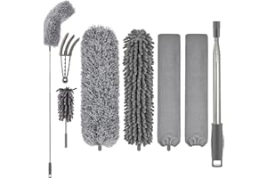 FUUNSOO Feather Dusters for Cleaning, Extendable Duster with 30 to 100" Telescopic Pole(Stainless Steel), Duster with Reusable Bendable Head Washable Dusters for Cleaning Ceilings Cobweb Fan