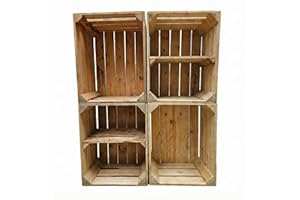 teramico Lot de 4 caisses en Bois d'occasion Vintage - Caisses à Fruits/vin d'origine de la Culture fruitière avec Compartiment de Rangement - 50 x 40 x 30 cm - Lot de 4-2 étagères Courtes