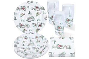 ZVK Vaisselle de fête de Noël, Lot de 96 Assiettes, Serviettes, Gobelets en papier, Assiettes à dessert Jetables Neige hivernale Vaisselle Set
