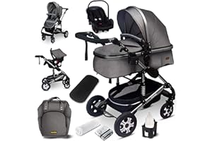 GaGaDumi Florida poussette 3 en 1 set complet avec siège auto - Baby Stroller 3 en 1 TÜV - Poussette combinée 3 en 1 set complet pneus pleins - Sac à langer Gris/Argenté